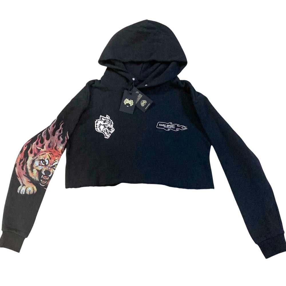 Darc Sport The Fire Within Vintage Pierce Cropped Hoodie Black Wolf M DSFH013